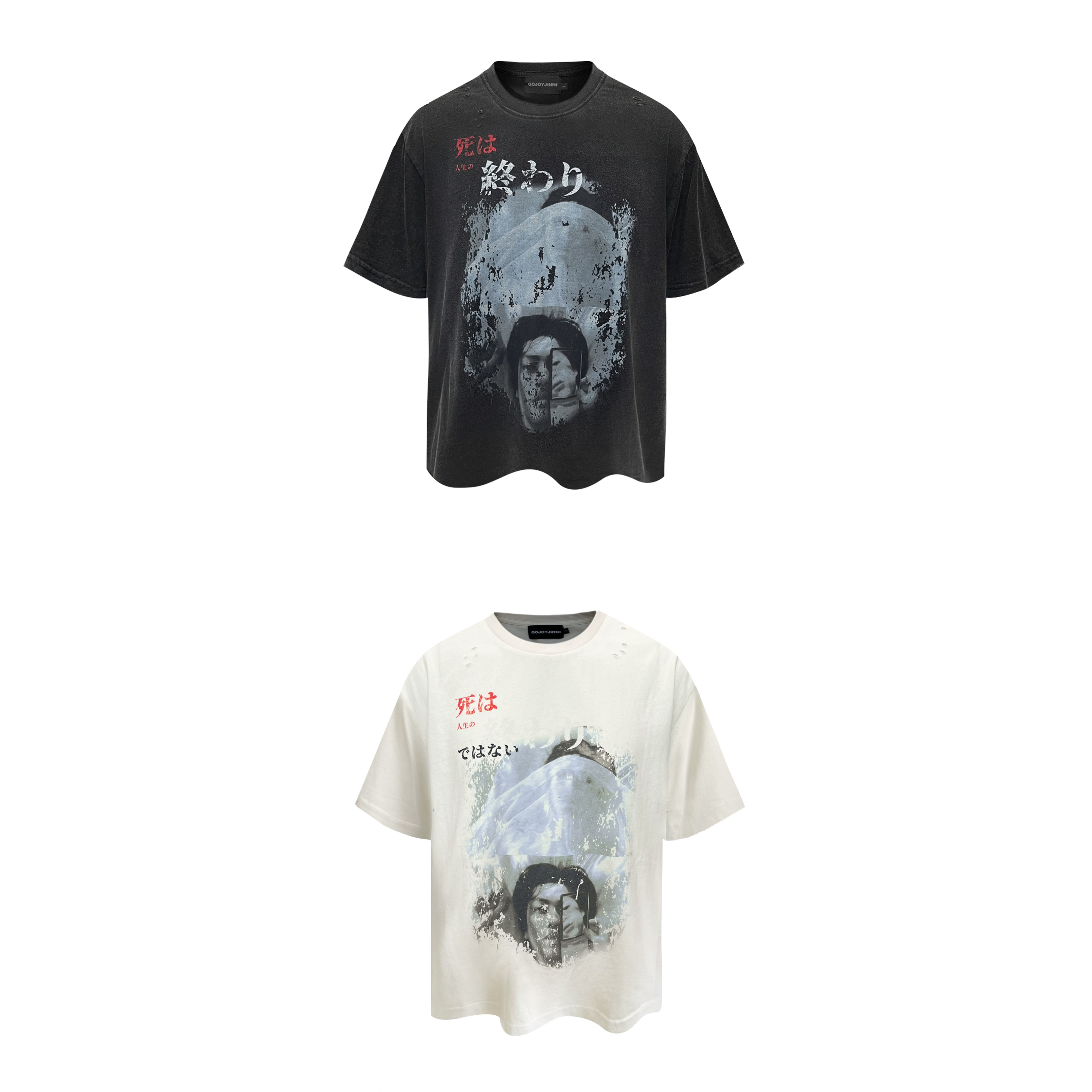 GOJOYJINNI 情事女孩人像水洗做旧破洞炒盐印花T恤短袖