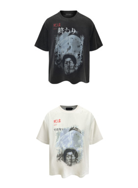 GOJOYJINNI 情事女孩人像水洗做旧破洞炒盐印花T恤短袖