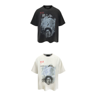 GOJOYJINNI 情事女孩人像水洗做旧破洞炒盐印花T恤短袖