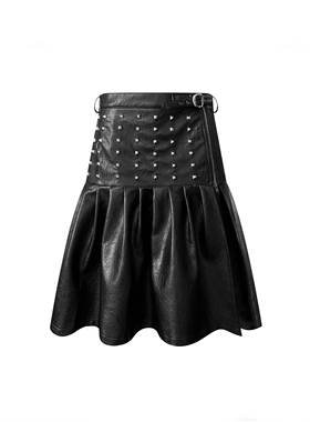 GOJOYJINNI 暗黑小众朋克金属铆钉百褶黑色皮裤皮裙