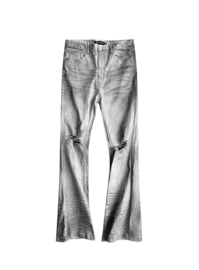 GOJOYJINNI脏染做旧喷绘豹纹立体猫须弹力微蜡白蜡牛仔裤