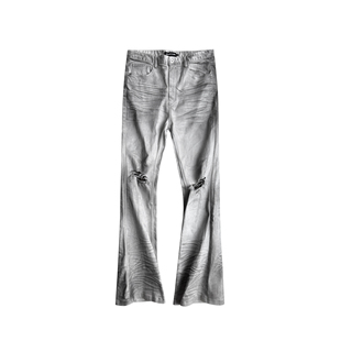 GOJOYJINNI脏染做旧喷绘豹纹立体猫须弹力微蜡白蜡牛仔裤