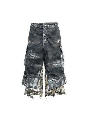 GOJOYJINNI Thome同款擦脏迷彩拼接贴袋做旧破洞假两件短裤八分裤