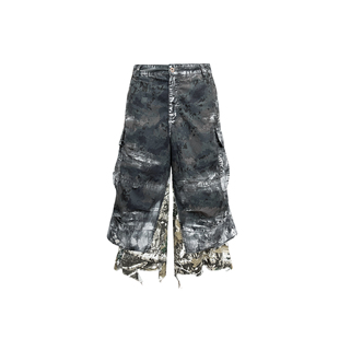 八分裤 擦脏迷彩拼接贴袋做旧破洞假两件短裤 Thome同款 GOJOYJINNI