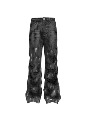 GOJOYJINNI 隼同款手工糜烂破洞刷蜡涂层立体猫须重工阔腿牛仔裤