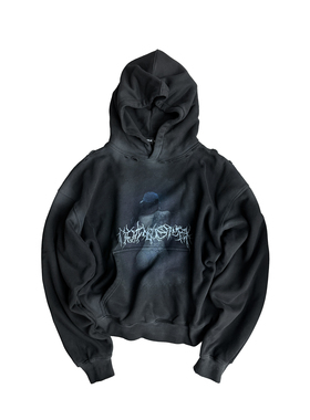 GOJOYJINNI荆棘梵文人像水洗破洞喷脏抓绒连帽印花卫衣