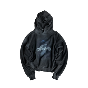 GOJOYJINNI荆棘梵文人像水洗破洞喷脏抓绒连帽印花卫衣