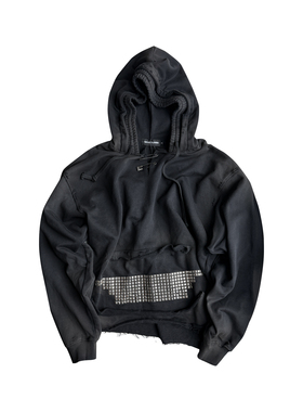 GOJOYJINNI烫钻铆钉短宽版型重磅水洗喷脏连帽卫衣帽衫