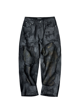 GOJOYJINNI迷彩割破做旧水洗刷蜡口袋宽松阔腿baggy牛仔裤