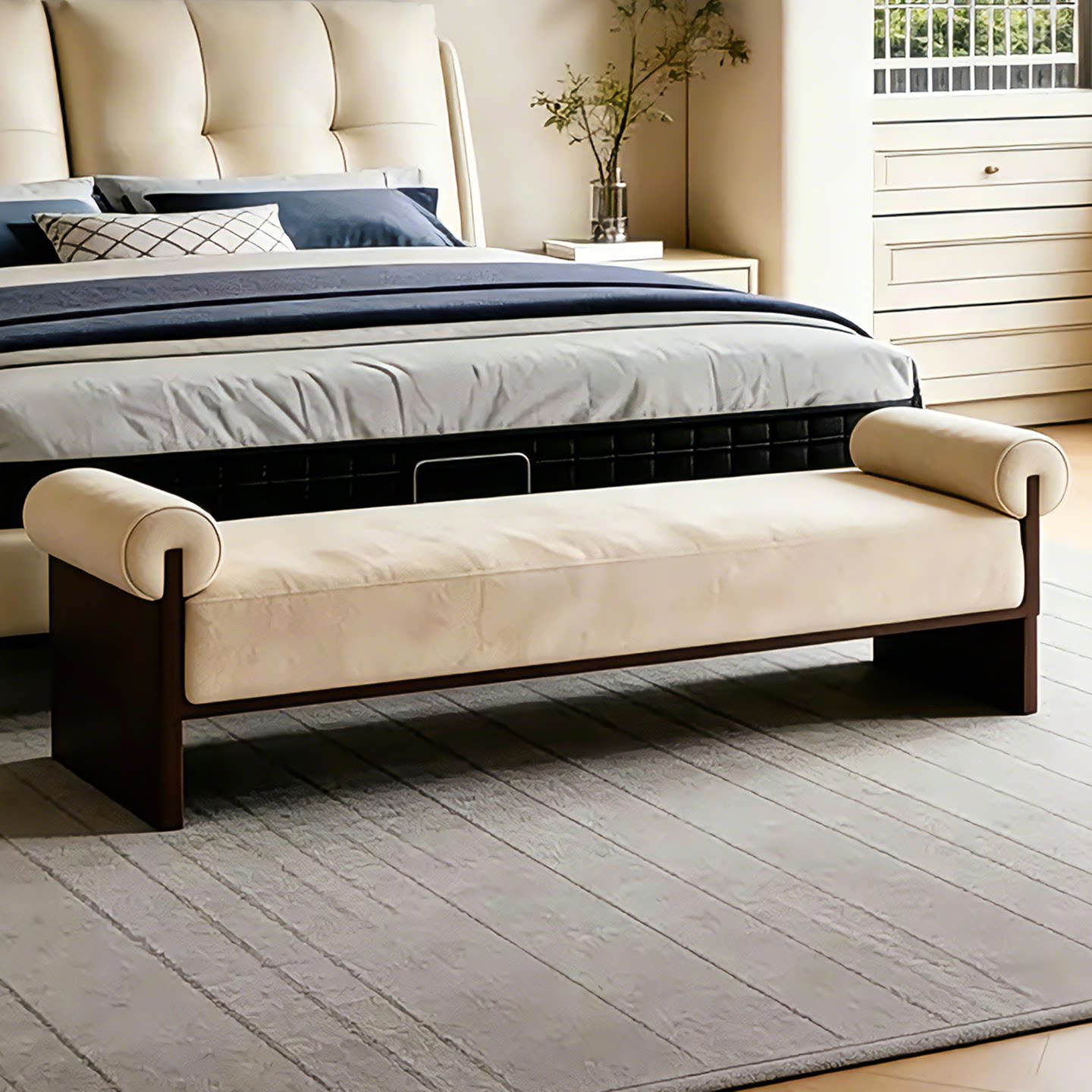 软包床尾凳卧室长条床尾凳衣帽间试衣凳子设计师款入户换鞋凳门口