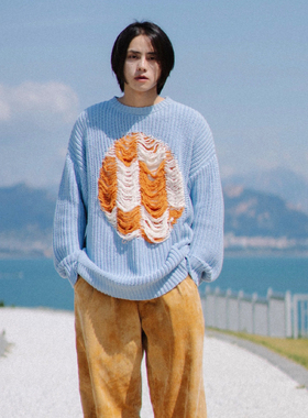 PROS BY CH 浅蓝色飞针挂毛圆领拼接毛衣男情侣日系宽松针织线衫