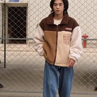 SENCE LA 撞色拼接羊羔绒开衫logo宽松加绒加厚夹克冬男女情侣款