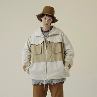 UNVESNO  卡其色假两件撞色休闲潮牌防风宽松风衣外套夹克