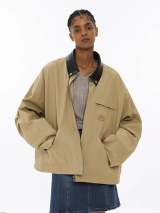 Unvesno(UN) 秋季新品廓形短款珠地厚皮领vintage工装夹克外套