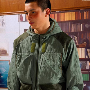 ANB2024秋冬 / 褶皱条纹机能多袋薄款连帽夹克（雾霾蓝/军绿色）