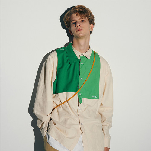 新款门襟拼接撞色设计休闲衬衫