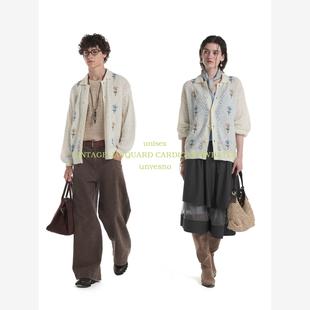 Unvesno(UN)南法风手工立体花朵镂空提花羊毛混纺毛织开衫毛衣