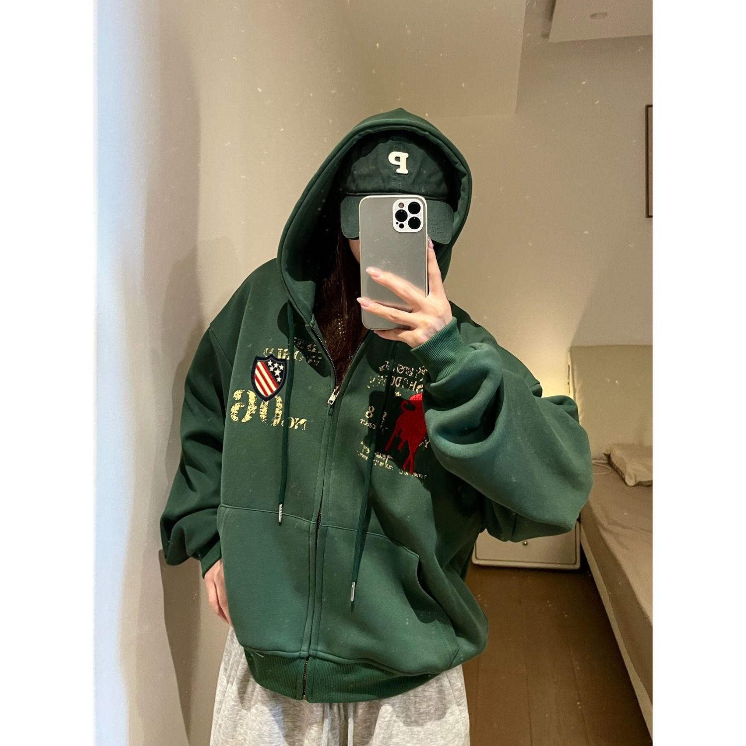 绿色嘻哈美式开衫拉链连帽卫衣潮