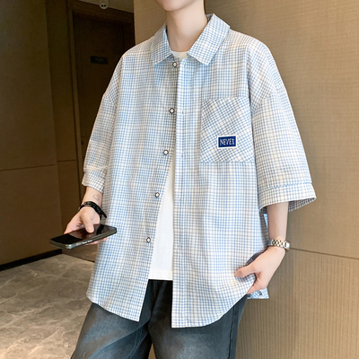 纯棉格子男士短袖衬衫夏季透气衬衣外套男款宽松休闲青少年五分袖