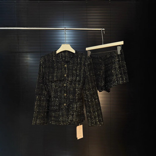 套装 重工金纱线闪亮片编织收腰修身 名媛小香风外套女秋冬包臀短裤
