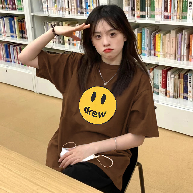 Drew笑脸小众潮牌美式夏季纯棉宽松男女情侣装短袖T恤ins超火半袖