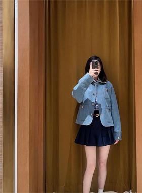 CI代购S家25秋冬简约格纹翻领多口袋牛仔外套SFPBL01165