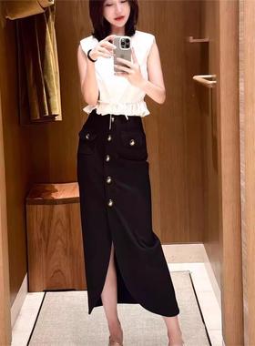 CI代购S家25秋冬单排扣圆角前开叉高腰半裙中长SFPJU01475