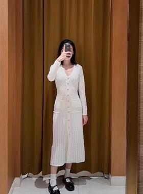 CI代购S家25秋冬菱格花边V领单排扣镂空针织连衣裙长裙SFPRO04554