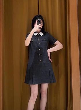 CI代购S家25秋冬撞色衬衫领短袖百褶边格纹短连衣裙SFPRO04423