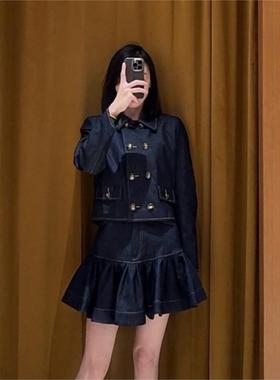 CI代购25秋冬S家明线装饰双排扣方领牛仔短外套女棉SFPVE01191