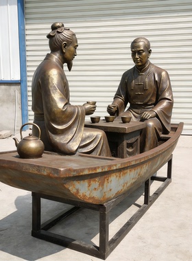 泛舟游湖乘舟景区大型人物古代玻璃钢仿铜黄铜金属景观摆件定制