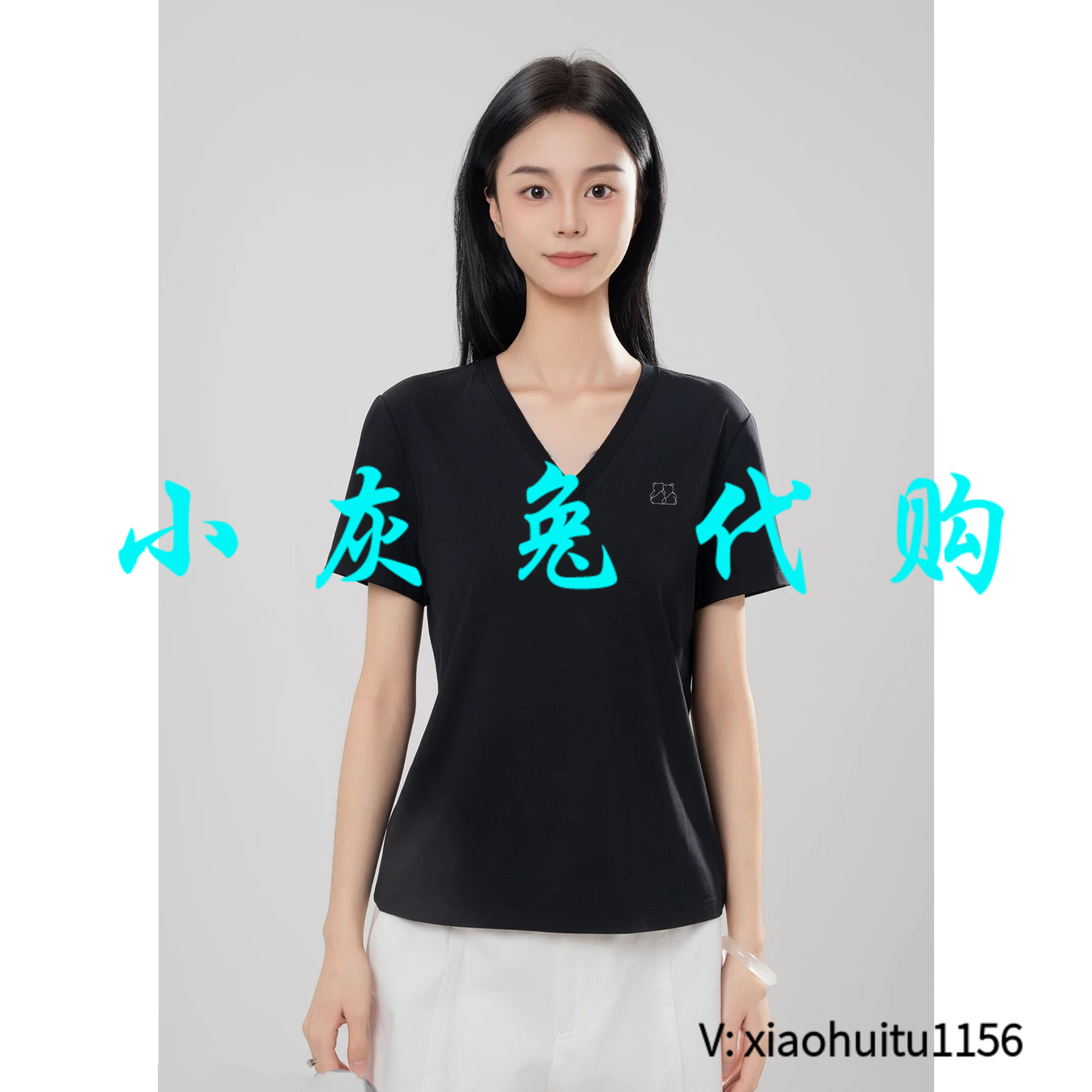 小灰兔专柜正品代购2026夏季新款V领黑色短袖T恤530224-1032011