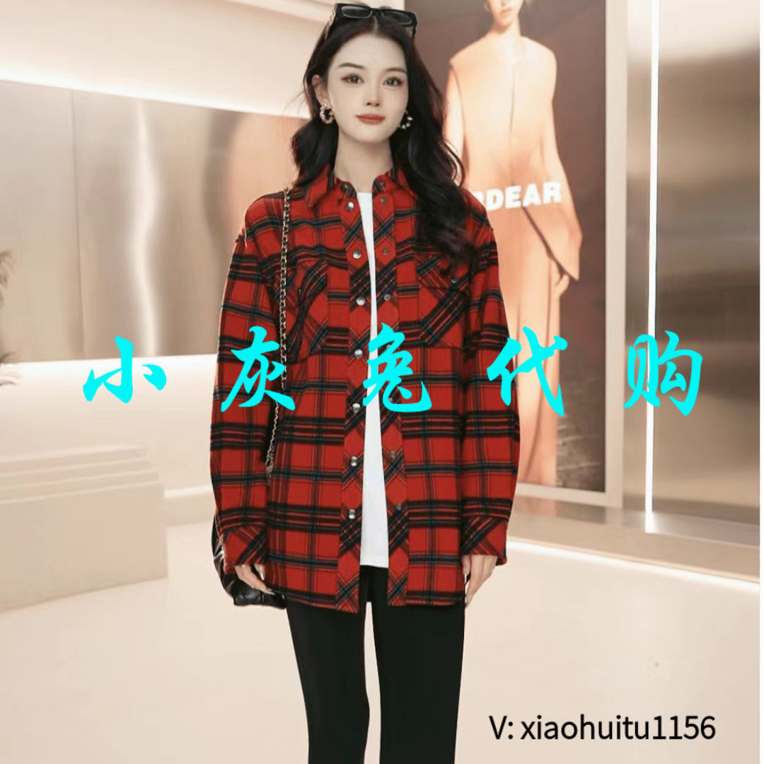 小灰兔专柜正品代购2026春装新款格子中长款长袖衬衫1301058-