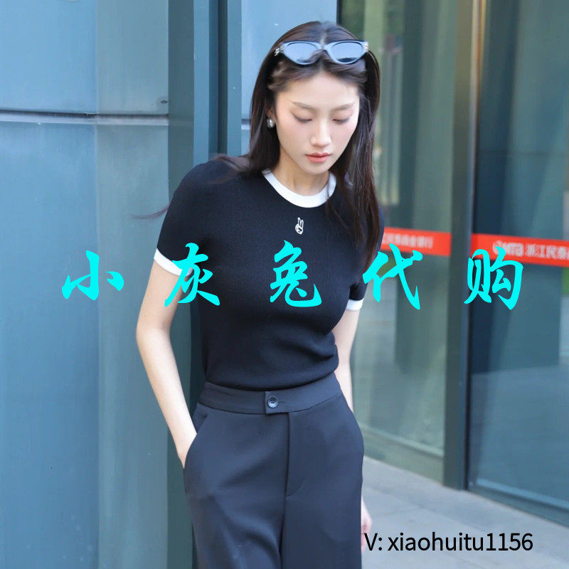 小灰兔专柜正品代购2026夏新款拼色绣花冰丝针织短袖T恤138012