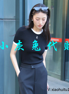 小灰兔专柜正品代购2025夏新款拼色绣花冰丝针织短袖T恤138012