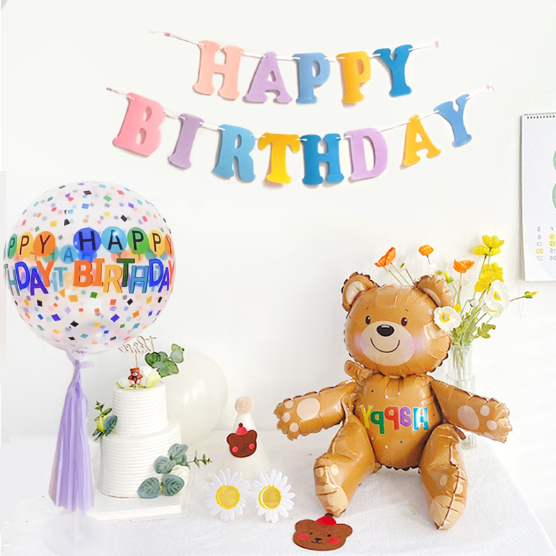 ins韩国生日快乐铝膜坐地小熊气球装饰宝宝周岁活动节日场地布置
