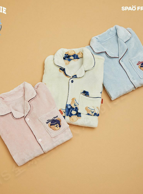 BIS现货韩国SPAO WOODIE睡眠熊联名可爱小熊珊瑚绒加绒睡衣家居服