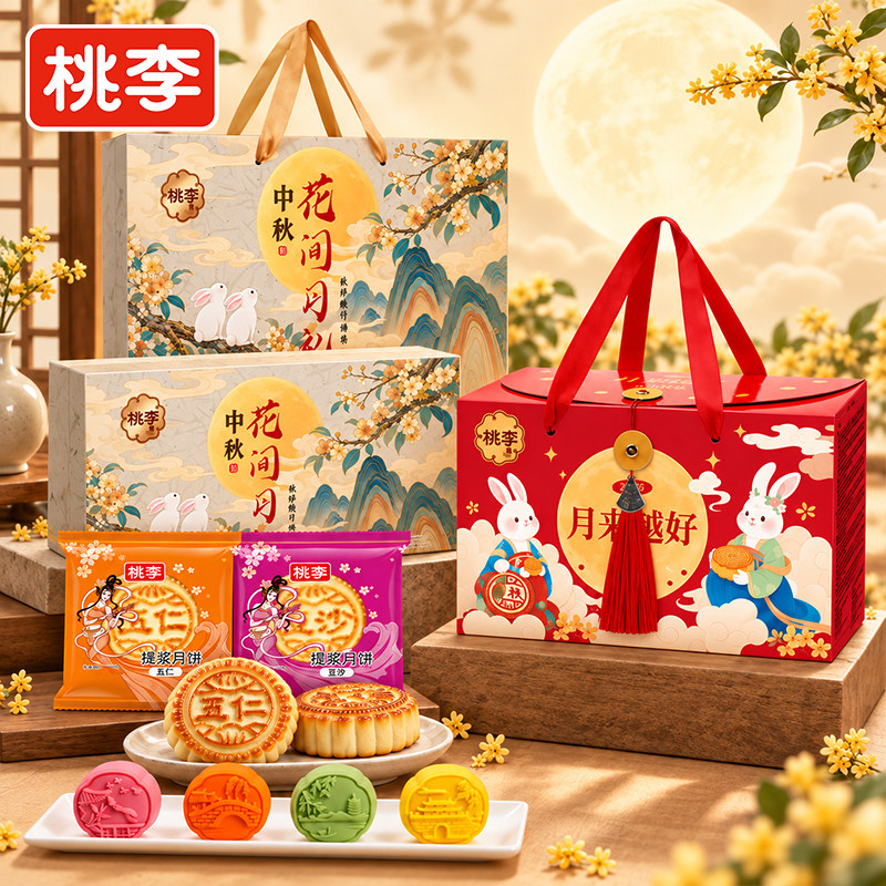 桃李花间月礼月饼礼盒桃山皮月饼红豆薏米茯苓馅中秋节礼品团购