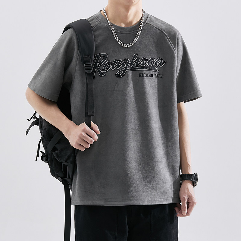 麂皮绒夏装新款短袖t恤男士夏季潮牌衣服男款半截袖体恤美式上衣a