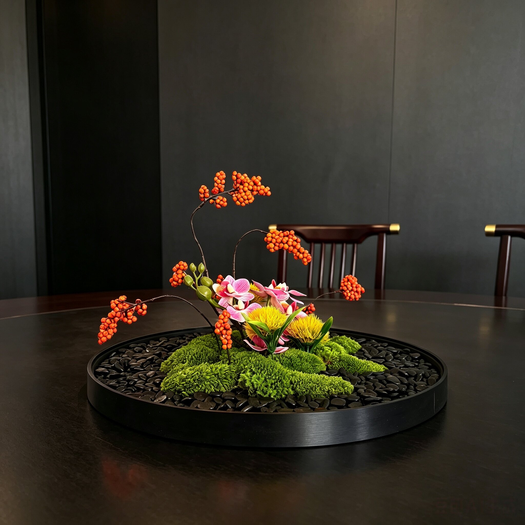 新中式酒店餐桌花艺永生苔藓仿真花绿植桌面装饰摆件圆形花盘摆花图片