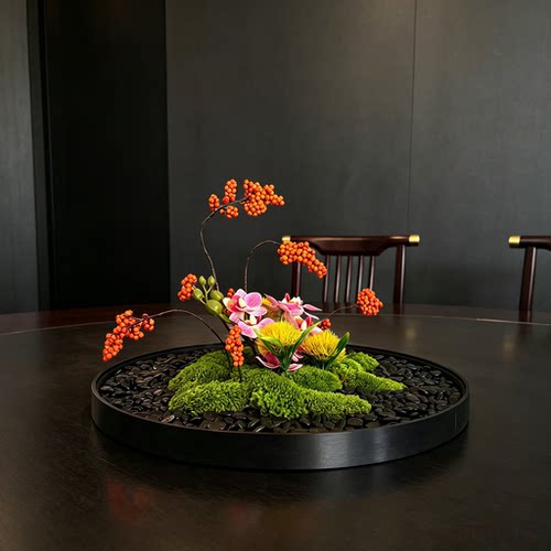 新中式酒店餐桌花艺永生苔藓仿真花绿植桌面装饰摆件圆形花盘摆花