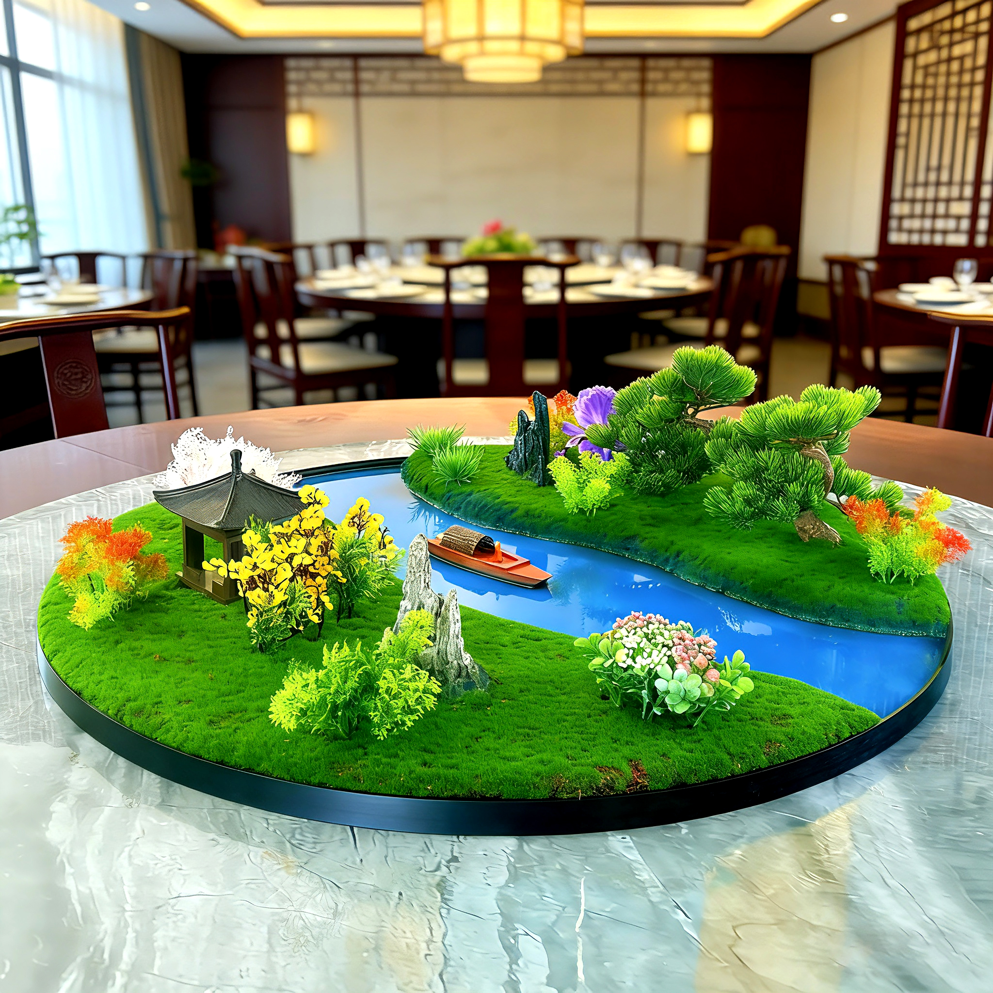 酒店圆桌摆花大转盘高级花轻奢感摆设花桌台餐厅大桌中间造景摆件