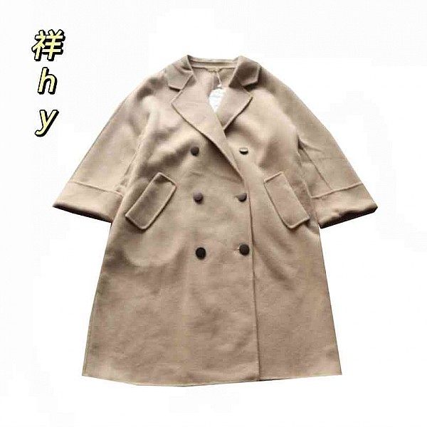 春秋新款女士纯色翻领连肩袖九分袖双排扣羊毛混纺 毛呢外套C3