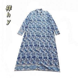 春秋微瑕复古青花瓷印花连衣裙女长袖翻领长裙高级感民族风D2