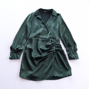 轻熟御姐风微瑕丝滑翻领长袖 连衣裙女绿色收腰显瘦气质裙B3