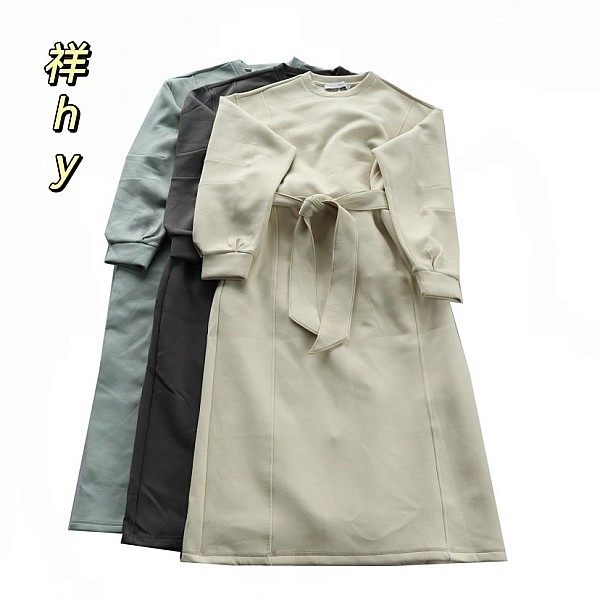 秋冬新款欧美女士纯色加绒系带连衣裙  时尚休闲百搭长裙C1