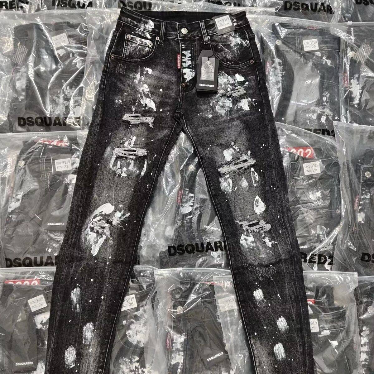 美式高街d2轻奢穿搭泼墨牛仔裤假破洞修身宽松休闲男女同款长裤潮