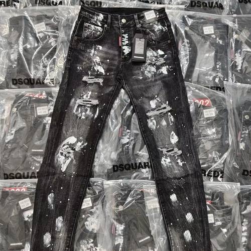 美式高街d2轻奢穿搭泼墨牛仔裤假破洞修身宽松休闲男女同款长裤潮