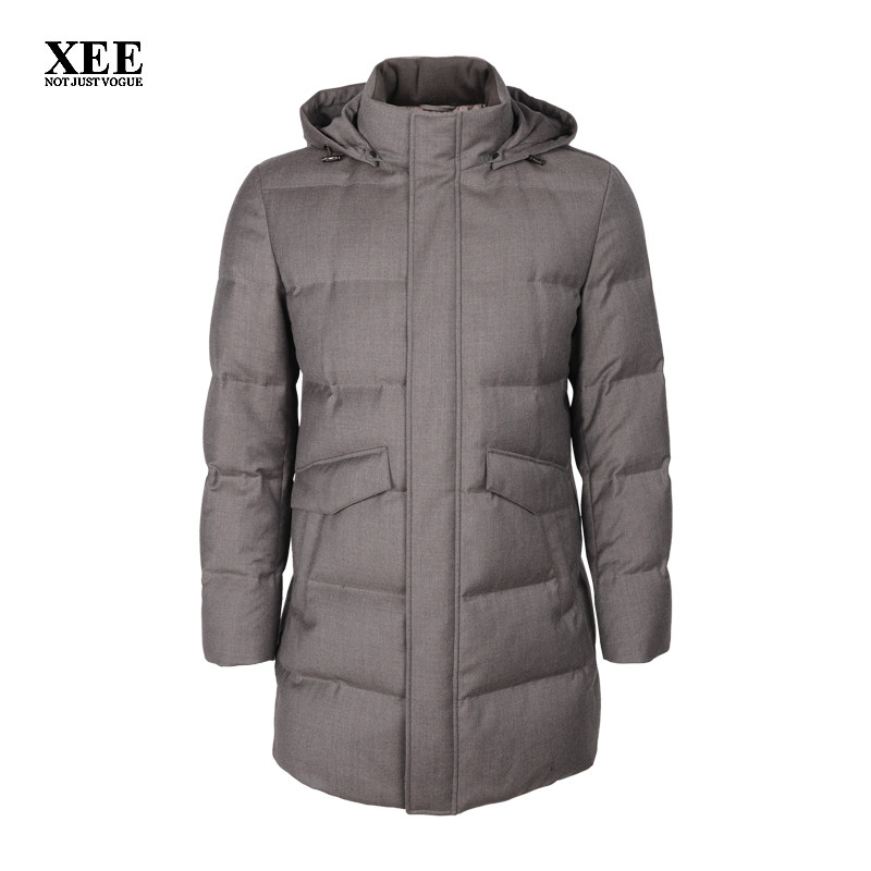 xee商场同款 男士冬季咖灰色可脱卸帽中长款鹅绒保暖蓬松羽绒服