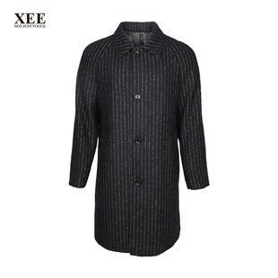 大衣 XEE商场同款 冬季 男士 蓝条纹绵羊毛混纺连肩袖 商务休闲中长款